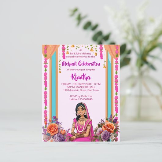 Mehndi Indiase bruid in roze uitnodiging (Staand voorkant)