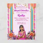 Mehndi Indiase bruid in roze uitnodiging (Voorkant)