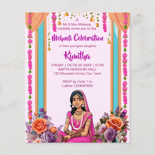 Mehndi Indiase bruid in roze uitnodiging (Voorkant)