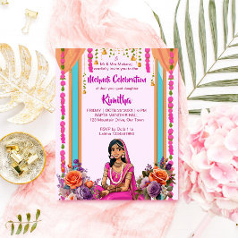 Mehndi Indiase bruid in roze uitnodiging