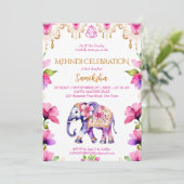 Mehndi Indiase bruiloft olifant roze gouden bloeme Kaart (Staand voorkant)
