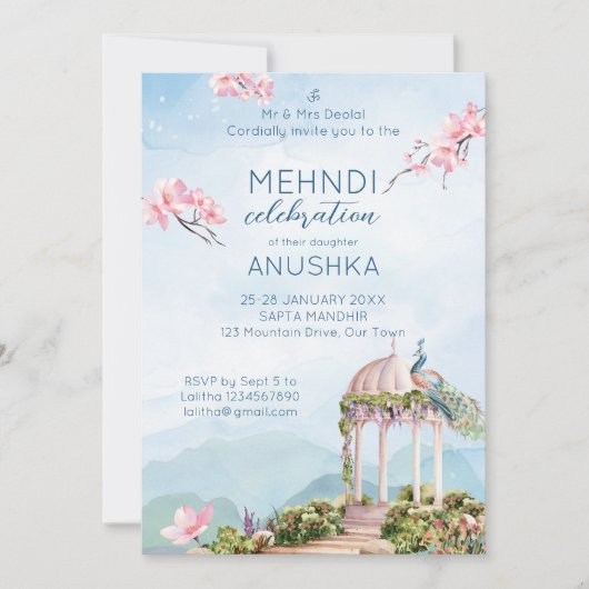 Mehndi Indiase bruiloft pauw stoffig blauw Kaart (Voorkant)