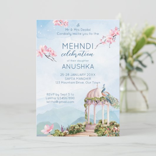 Mehndi Indiase bruiloft pauw stoffig blauw Kaart (Staand voorkant)