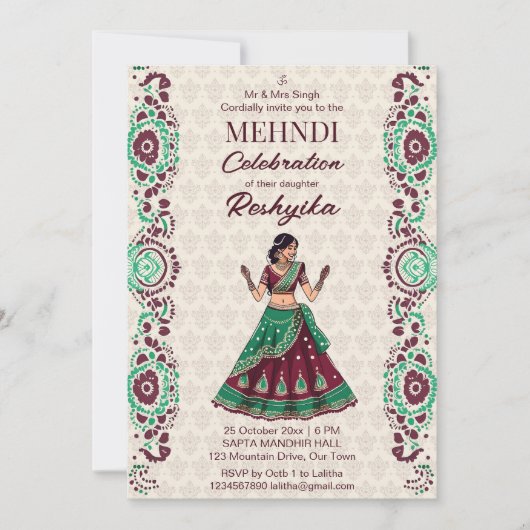Mehndi Indiase bruiloft schattige bruid bordeaux g Kaart (Voorkant)