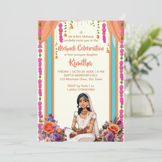 Mehndi Indiase bruiloft schattige bruid in roze Kaart (Staand voorkant)