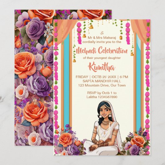 Mehndi Indiase bruiloft schattige bruid in roze Kaart (Voorkant / Achterkant)