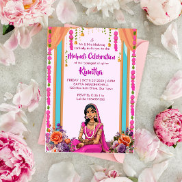 Mehndi Indiase bruiloft schattige bruid in roze Kaart