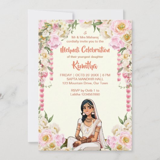 Mehndi Indiase bruiloft schattige bruid in roze Kaart (Voorkant)