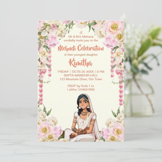 Mehndi Indiase bruiloft schattige bruid in roze Kaart (Staand voorkant)