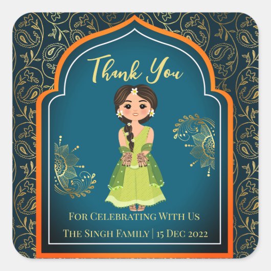 Mehndi-Indische Arabische patronen ontwerpen blauw Vierkante Sticker (Voorkant)