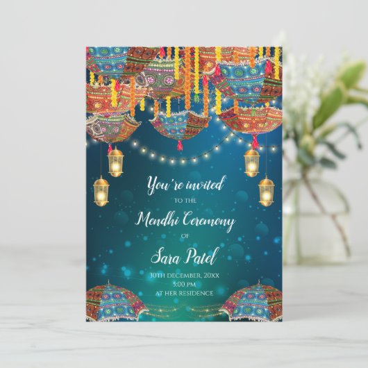 Mehndi Invite & Mendhi Party nodigt Henna uit Kaart (Staand voorkant)