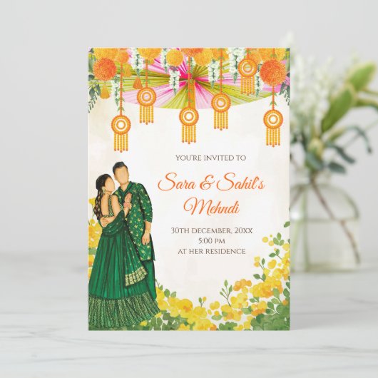 Mehndi Invites Henna party en Mehndi Night nodig Kaart (Staand voorkant)