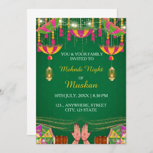 Mehndi Night Invitation kaart, Henna Uitnodiging (Voorkant / Achterkant)