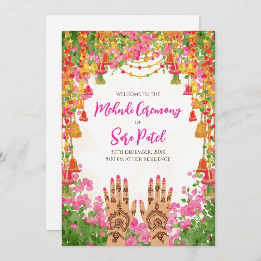 Mehndi nodigt de hindu's uit kaart (Voorkant / Achterkant)