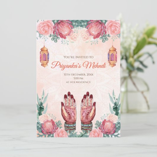 Mehndi nodigt Mehndi uit en Henna Party nodigt Meh Kaart (Staand voorkant)