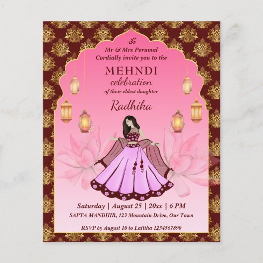 Mehndi roze lotus Indiase bruid budget uitnodiging (Voorkant)