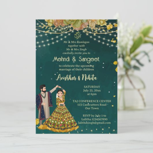 Mehndi sangeet green dansend Indiaas bruidskoppel Kaart (Staand voorkant)