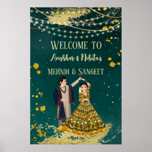 Mehndi sangeet green met dansende paren welkom poster