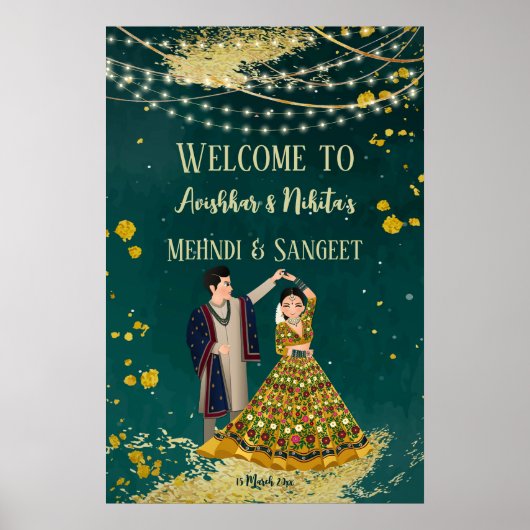 Mehndi sangeet green met dansende paren welkom poster (Voorkant)