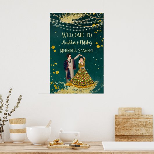 Mehndi sangeet green met dansende paren welkom poster (Keuken)