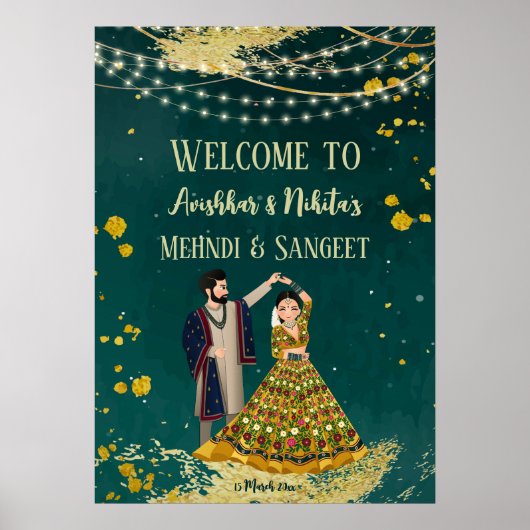 Mehndi sangeet green with dancing couple welcome poster (Voorkant)