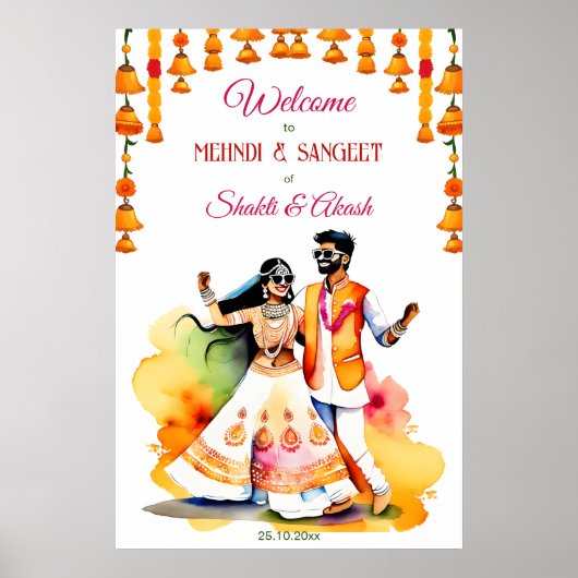 Mehndi Sangeet Indiase bruidspaar welkom teken Poster (Voorkant)