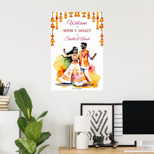 Mehndi Sangeet Indiase bruidspaar welkom teken Poster (Thuiskantoor)