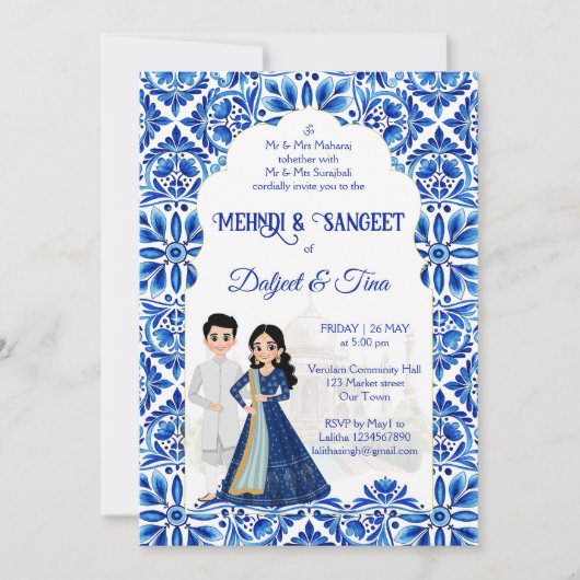 Mehndi Sangeet Indiase bruiloft blauw wit schattig Kaart (Voorkant)