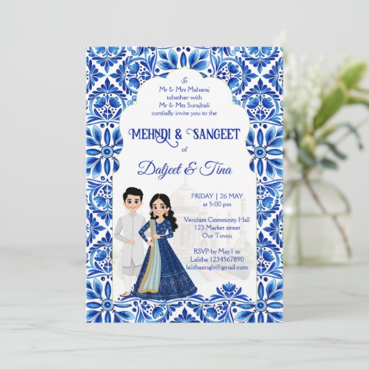 Mehndi Sangeet Indiase bruiloft blauw wit schattig Kaart (Staand voorkant)