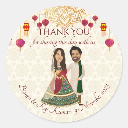 Mehndi & sangeet manadala en schattig Indiaas paar Ronde Sticker (Voorkant)