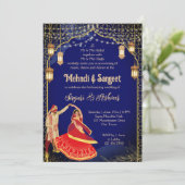 Mehndi Sangeet marineblauw dansend Indiaans paar Kaart (Staand voorkant)