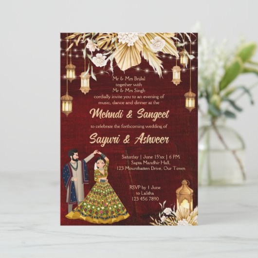 Mehndi Sangeet maroon dansend Indiaas paar  Kaart (Staand voorkant)