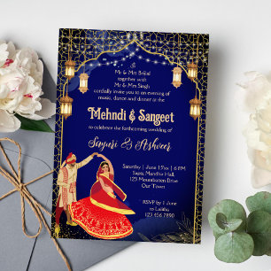 Mehndi Sangeet navyblauw dansend Indiaans paar  Kaart
