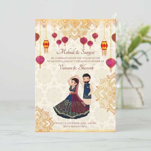Mehndi & sangeet nodigen leuk Indiaas koppel uit Kaart (Staand voorkant)