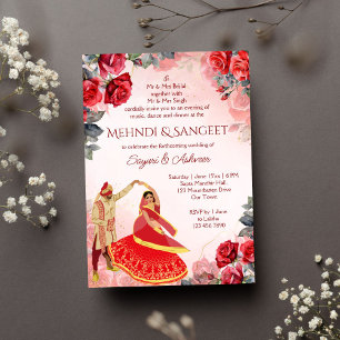 Mehndi Sangeet rode rozen dansend Indiaas paar Kaart