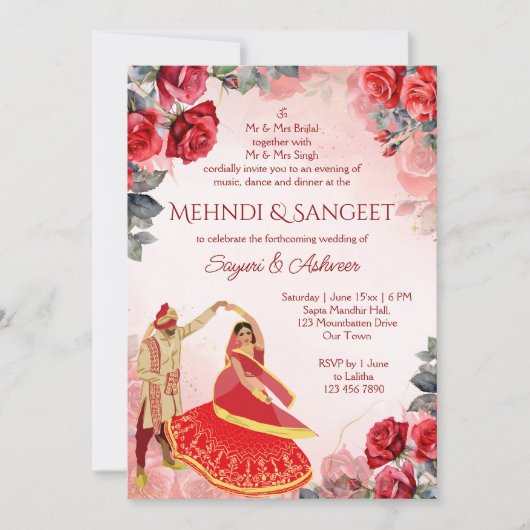 Mehndi Sangeet rode rozen Indiase danspaar Kaart (Voorkant)
