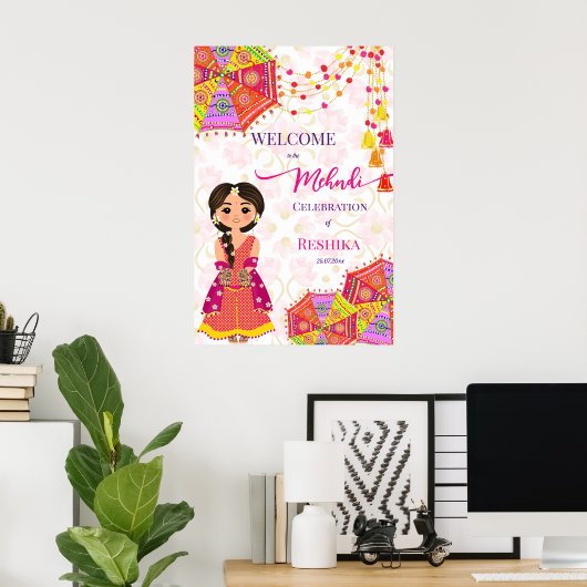 Mehndi schattig Indiase bruid paraplu welkom teken Poster (Thuiskantoor)