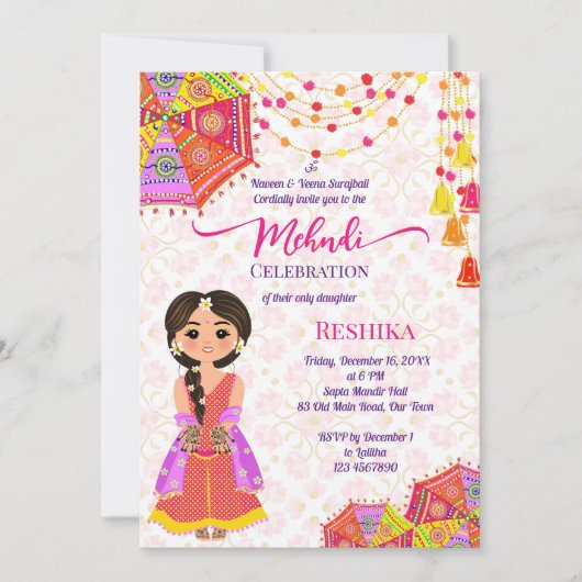 Mehndi schattige Indiase hennabruid paraplu roze Kaart (Voorkant)
