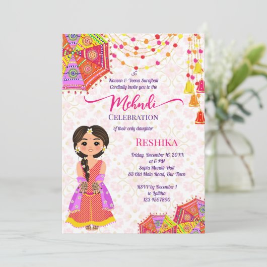 Mehndi schattige Indiase hennabruid paraplu roze Kaart (Staand voorkant)