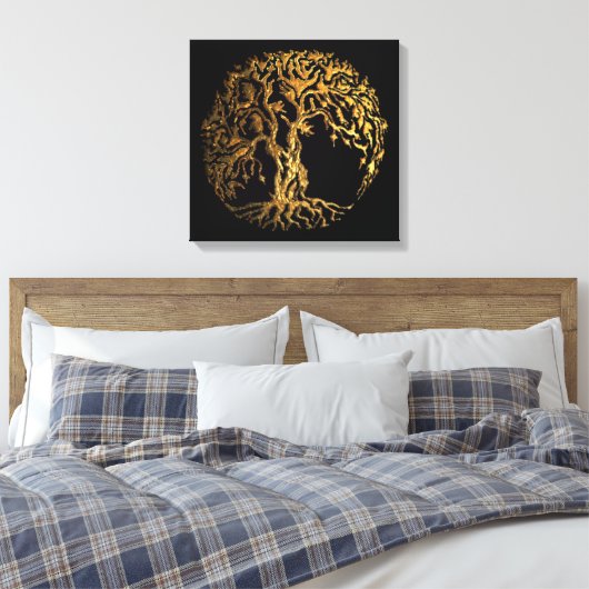 Mehndi Tree of Life (Gold) Canvas Afdruk (Insitu (Slaapkamer))