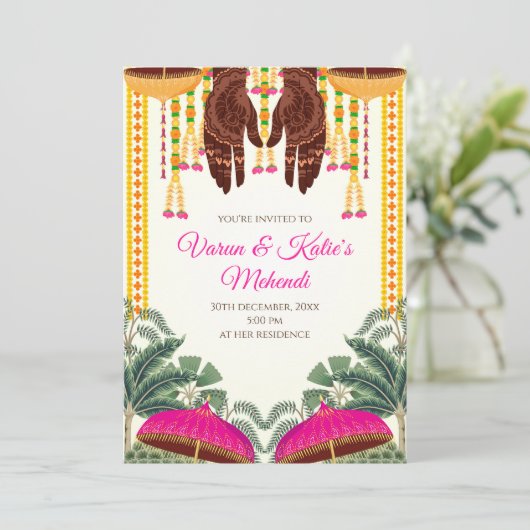 Mehndi-uitnodigingen als Digital Dholki-uitnodigin Kaart (Staand voorkant)