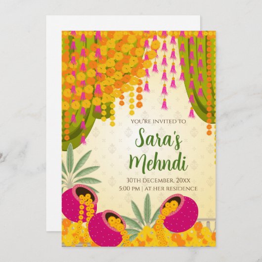 Mehndi uitnodigingen & Digital Mehndi uitnodigen (Voorkant / Achterkant)