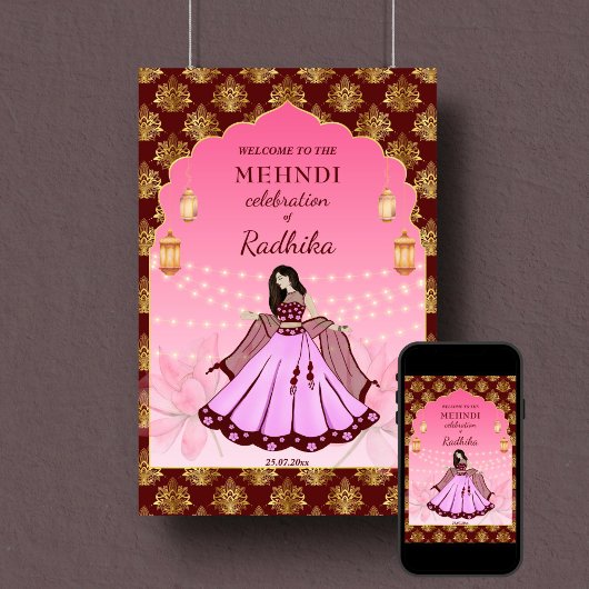 Mehndi welkom teken dansen Indiase bruid maroon Poster