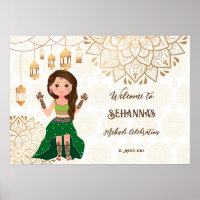 Mehndi-welkomstbord met schattige Indische hennebr