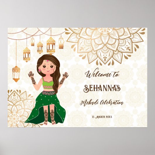 Mehndi-welkomstbord met schattige Indische hennebr Poster (Voorkant)