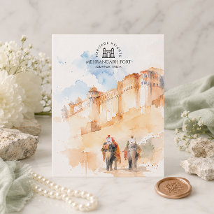 Mehrangarh Fort Jodhpur India Watercolor Reis Feestdagenkaart