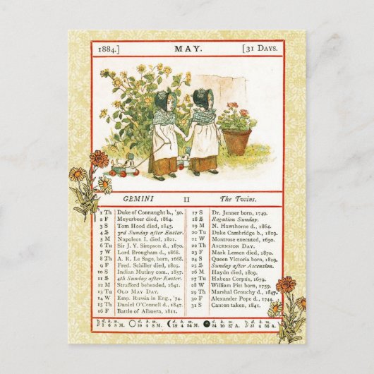 mei 1884 Almanac.  Gemini, de tweeling Briefkaart (Voorkant)