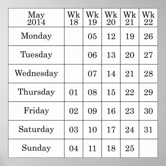 Mei 2014 kalender genummerde weken poster (Voorkant)