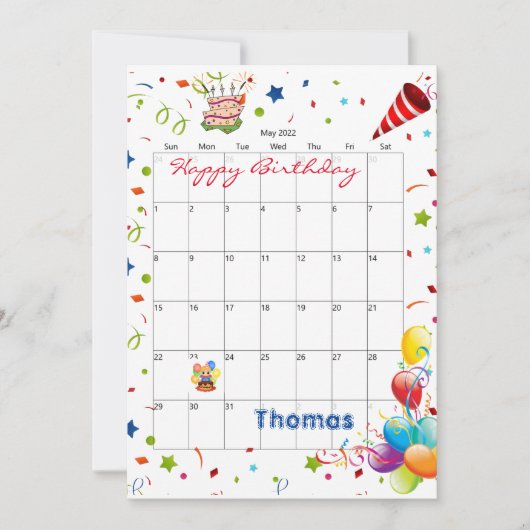 Mei 2022 Kalender Gelukkige Verjaardag Uitnodiging (Voorkant)