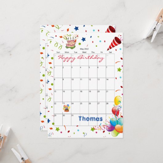 Mei 2022 Kalender Gelukkige Verjaardag Uitnodiging (Voorkant / Achterkant in situ)